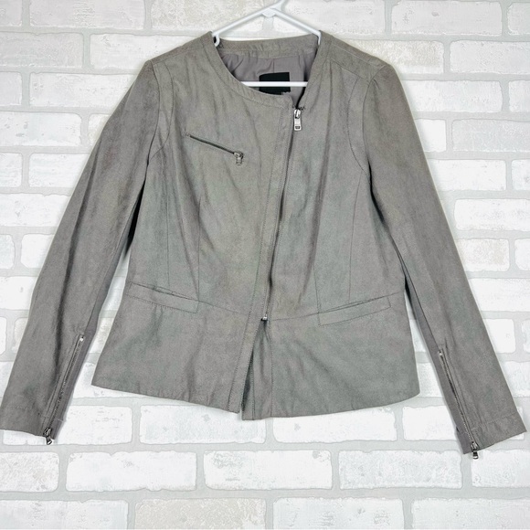 DKNY Jeans Jacket Women Large Gray Faux Suede Polyester Long Sleeve Clipside Zip - Picture 1 of 13